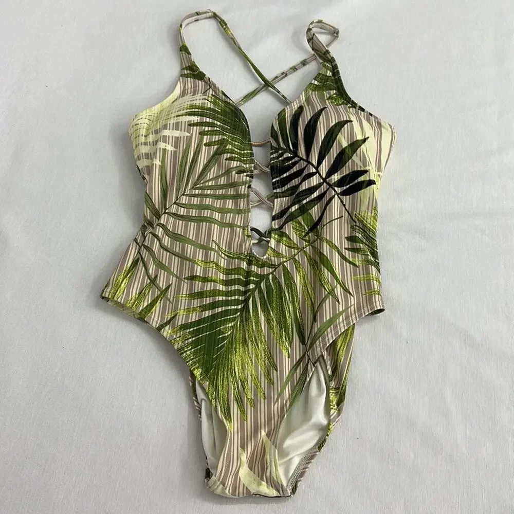 Vince Camuto Tropical Green Plunge One Piece Size 12 - Picture 5 of 13